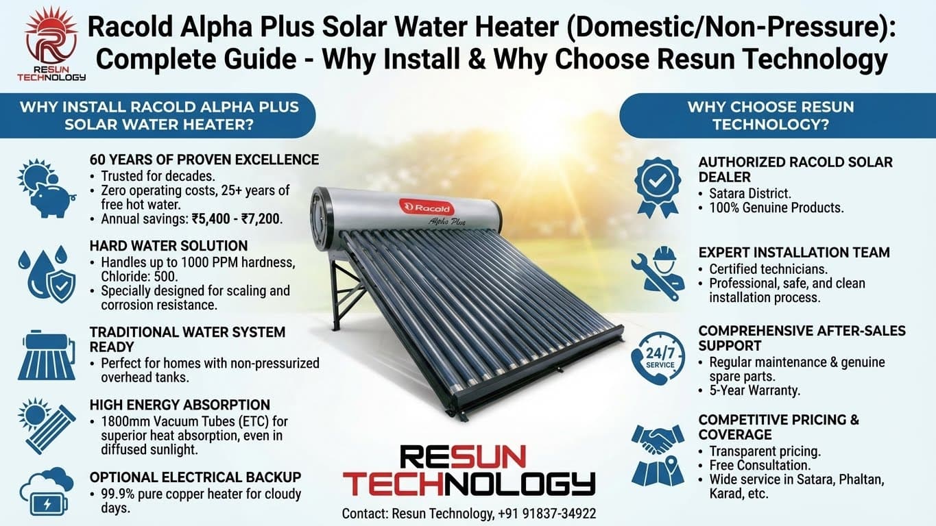 Racold Alpha Plus Non-Pressurised Solar Water Heater: Complete Guide - Why Install & Why Choose Resun Technology