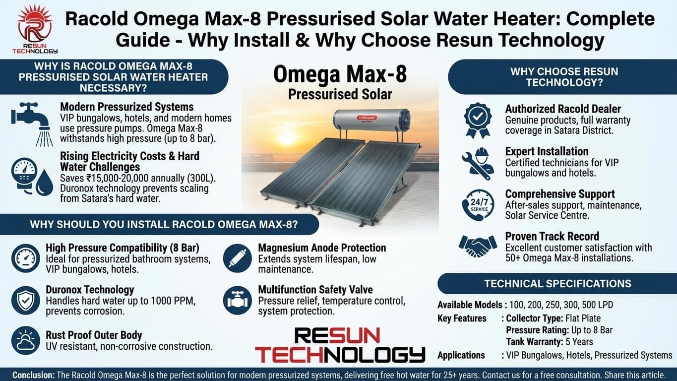 Racold Omega Max-8 Pressurised Solar Water Heater: Complete Guide - Why Install & Why Choose Resun Technology